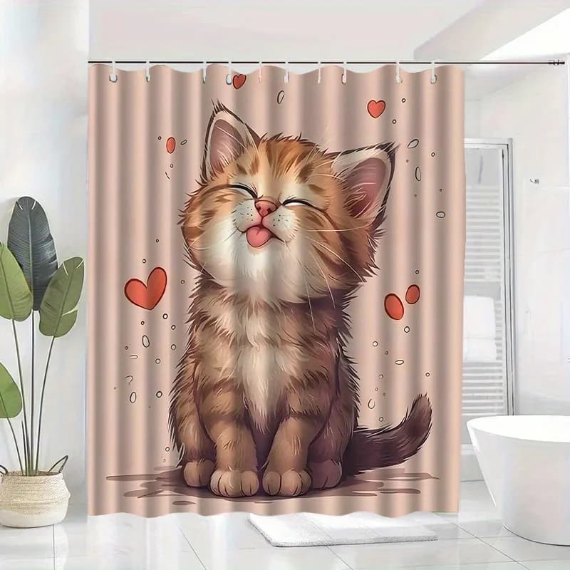Tenda da doccia con gattino carino, gatto dei cartoni animati con cuori, stampa di animali dolci, sfondo rosa, decorazione impermeabile per il bagno