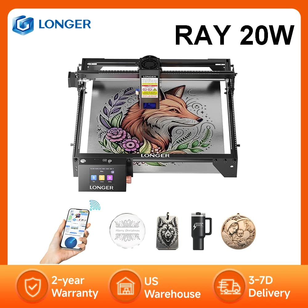 Laser Engraver LONGER RAY5 20W with Touch Screen, 32-bit Chipset, WIFI, Engraving Area and Laser Cutting 0.08*0.1mm, Working Area 375*375mm