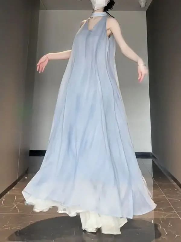 French Style Summer Fairy Skirt Dress Women's Sleeveless Neck Hanging Gauze Dress Cool Sensation V-neck A-line City Commute