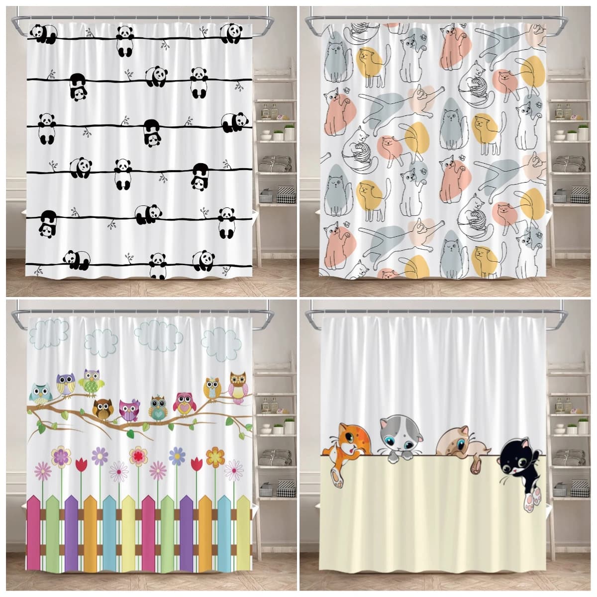 Tenda da doccia con stampa di animali carini, panda, gatto, gufo, in poliestere impermeabile, decorazione per il bagno