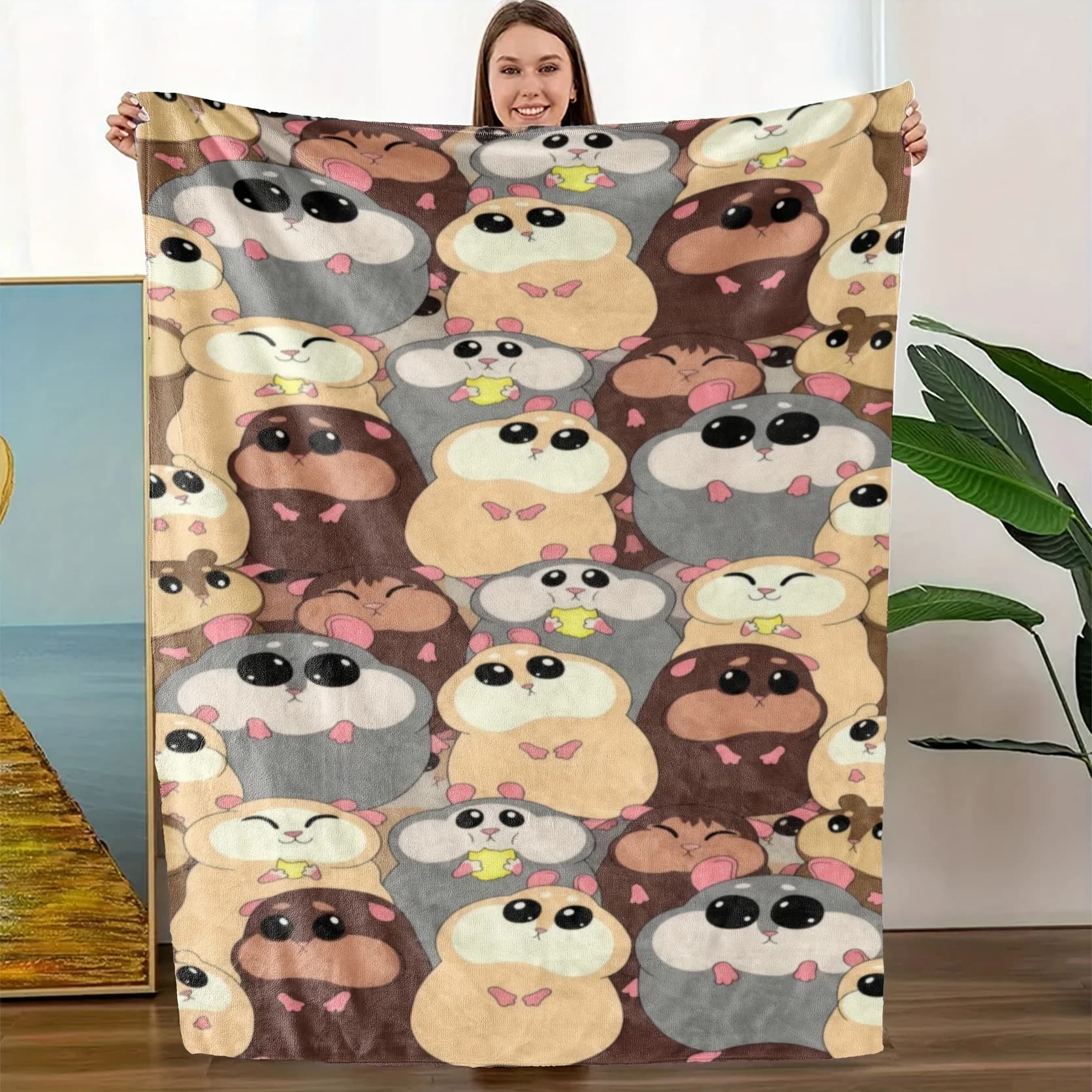 Simpatico motivo criceto Coperta stampata in flanella adatta a tutte le stagioni adatta per divano da ufficio e viaggi 180x250 cm