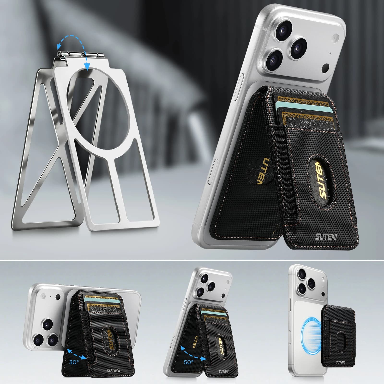 SUTENI Mobile Phone Stand Magnet RFID Flip Pocket Card Holder Storage Can Fixed Metal Shaft Luxury Faux Leather Bag Wallet