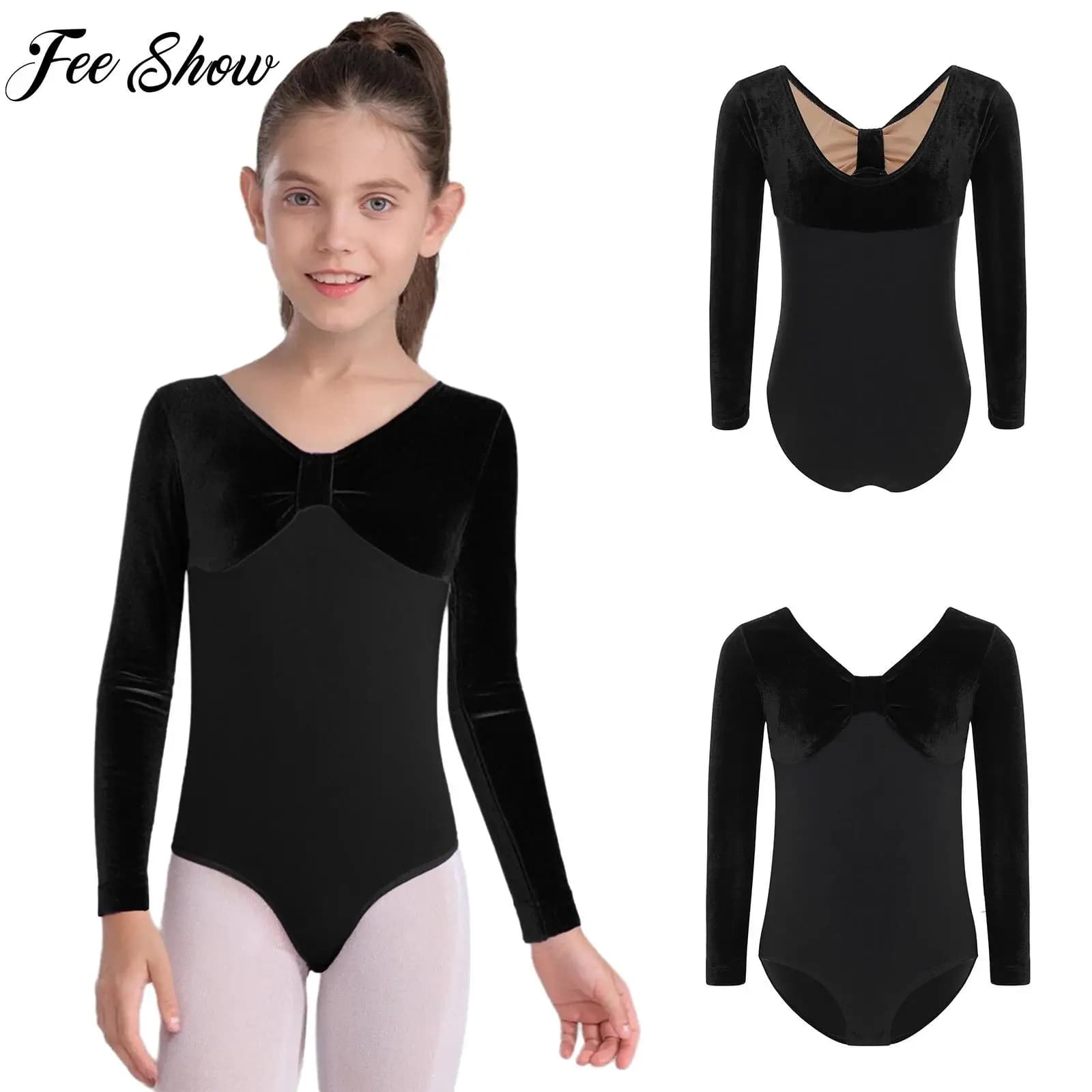 Body da Danza Classica per Bambine, Costume da Ginnastica e Pattinaggio Artistico, Manica Lunga con Nodo Frontale in Velluto