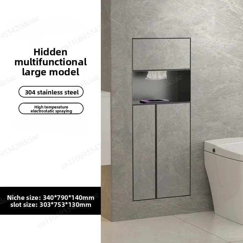 Recessed Hidden Stainless Steel Wall Niche, Embedded Combo of Waste Bin & Toilet Paper Holder for Bathroom