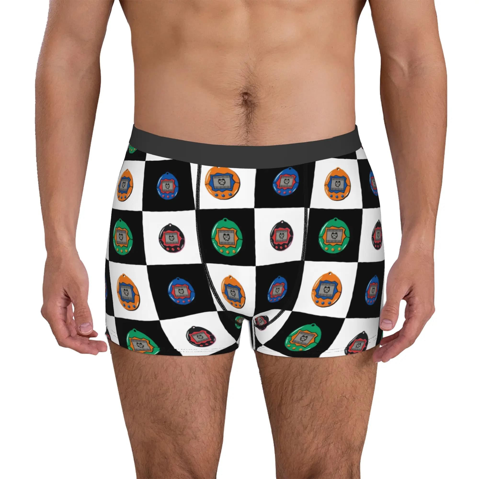 Checkered Plaid Anime TamagotchiGame Boxers Shorts Men's Feed Me Cartoon Briefs Underwear Fashion Underpants