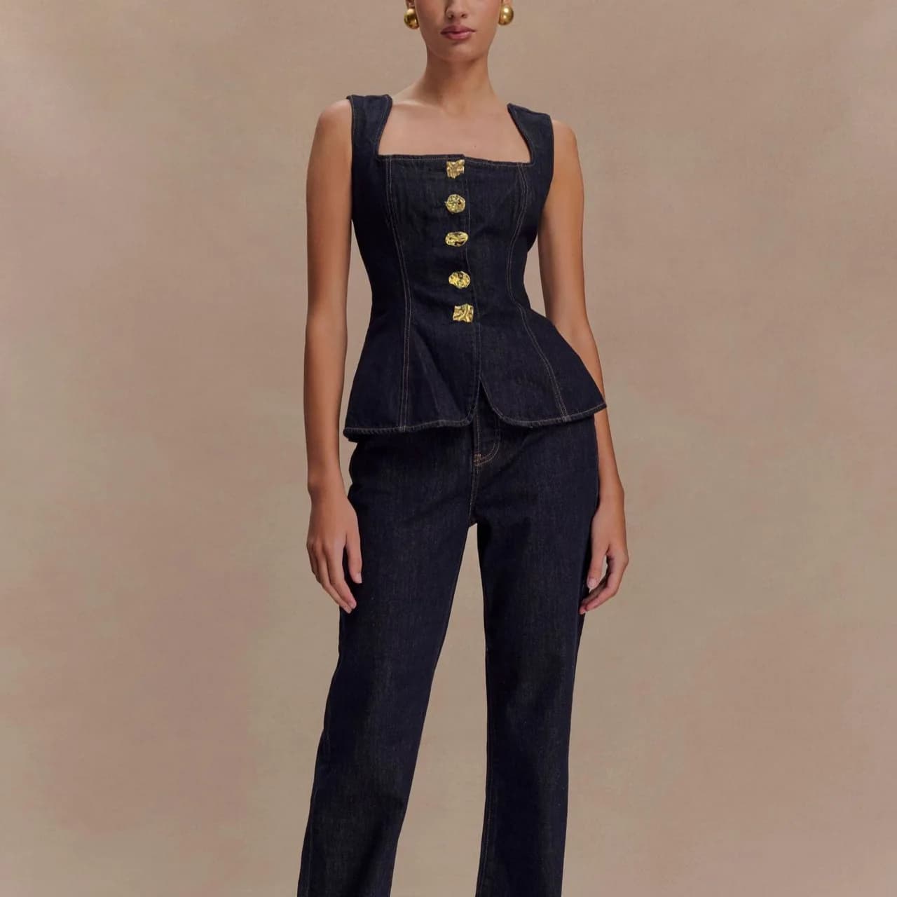 Set di pantaloni di jeans estivi Donna 2025 Moda senza maniche Canottiere monopetto e jeans larghi a vita alta Set da 2 pezzi Donna