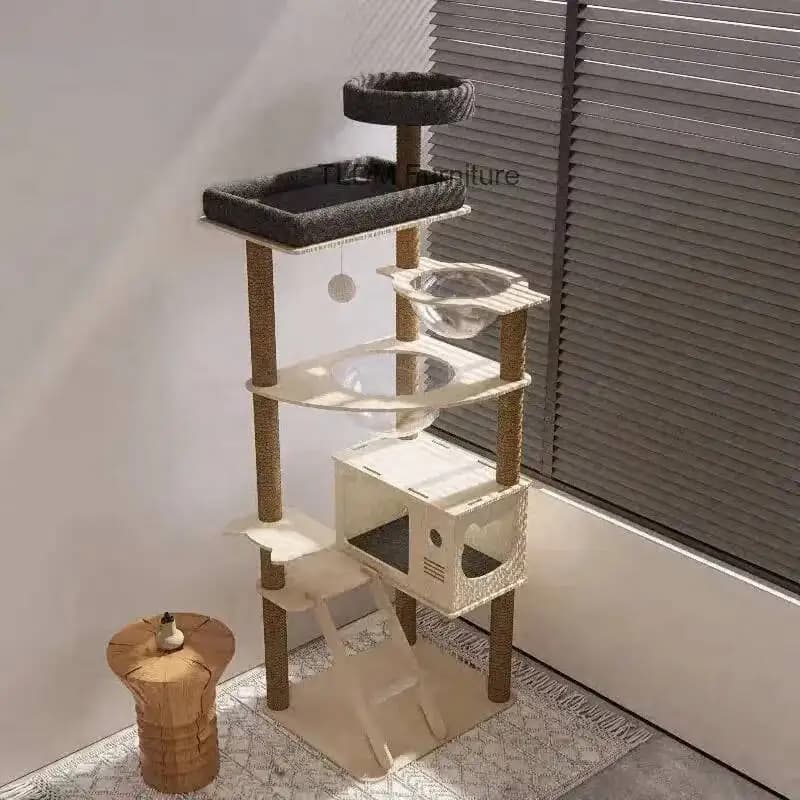 Casetta per Gatti a Forma di Albero con Capsula Spaziale, Struttura Creativa in Legno Massello, Torre per Gatti di Lusso con Piattaforma di Salto