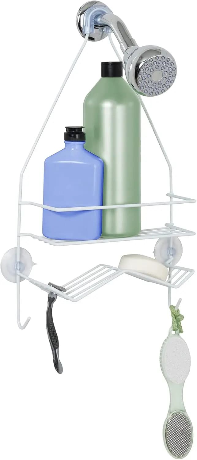 Organizzatore da doccia resistente alla ruggine, da appendere sopra la doccia, con ripiano largo e portasapone, portaoggetti da bagno in acciaio, bianco