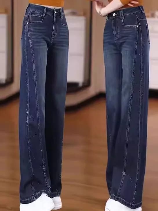 Spring Summer New High Waist Slimming Rhinestone Straight Leg Jeans Draped Narrow Version Women's Trendy Wide Leg Denim Jeans