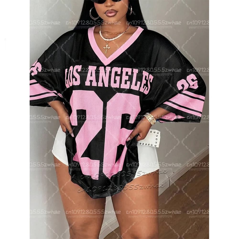 Y2K Retro Los Angeles No.26 Mesh Jersey Women Plus size Short Sleeve Tee Hip Hop Street Style Breathable Mesh Casual Shirts