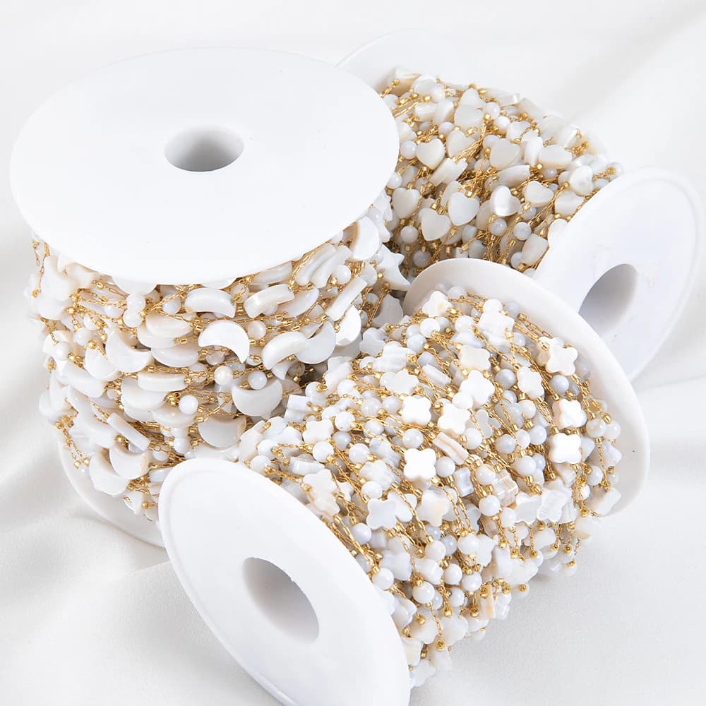 1M Stainless Steel White Shell Chain Heart Star Beaded Natural Shell Chains Necklaces Bracelets DIY Boho Jewelry Making Supplies
