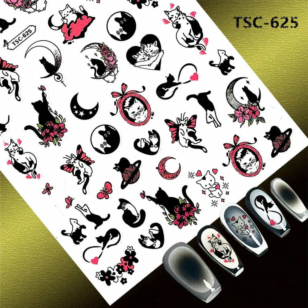 Serie TSC TSC-625 Lucky Cat piccolo gatto nero 3D Nail art Strumento di decorazione adesivo per unghie Cursori per decalcomanie per unghie
