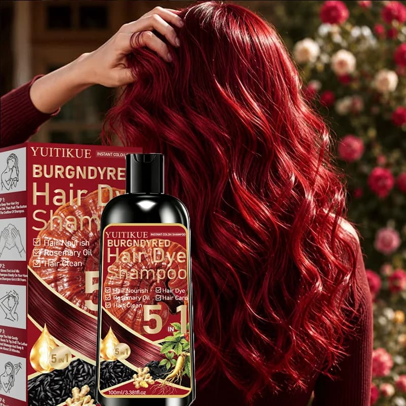 YUITIKUE Instant Burgundy Red Hair Dye Shampoo 5‑in‑1 Botanical Formula Shiny Nourish Hair Color Shampoo