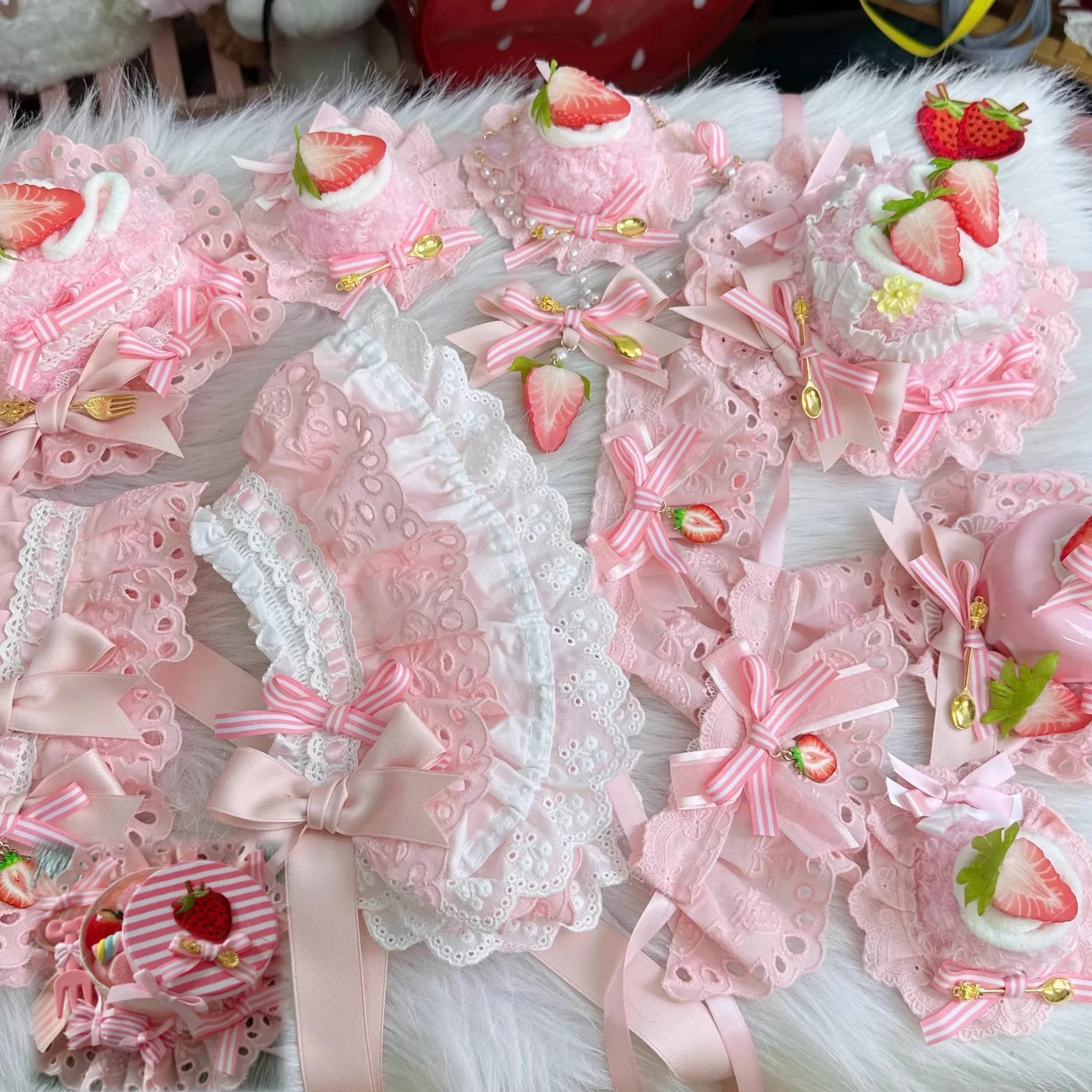 New Handmade Lolita Hairband Sweet Cake Hat Stripes Strawberry Side Clip Handcraft Necklace All Pink Series Hair Accessory