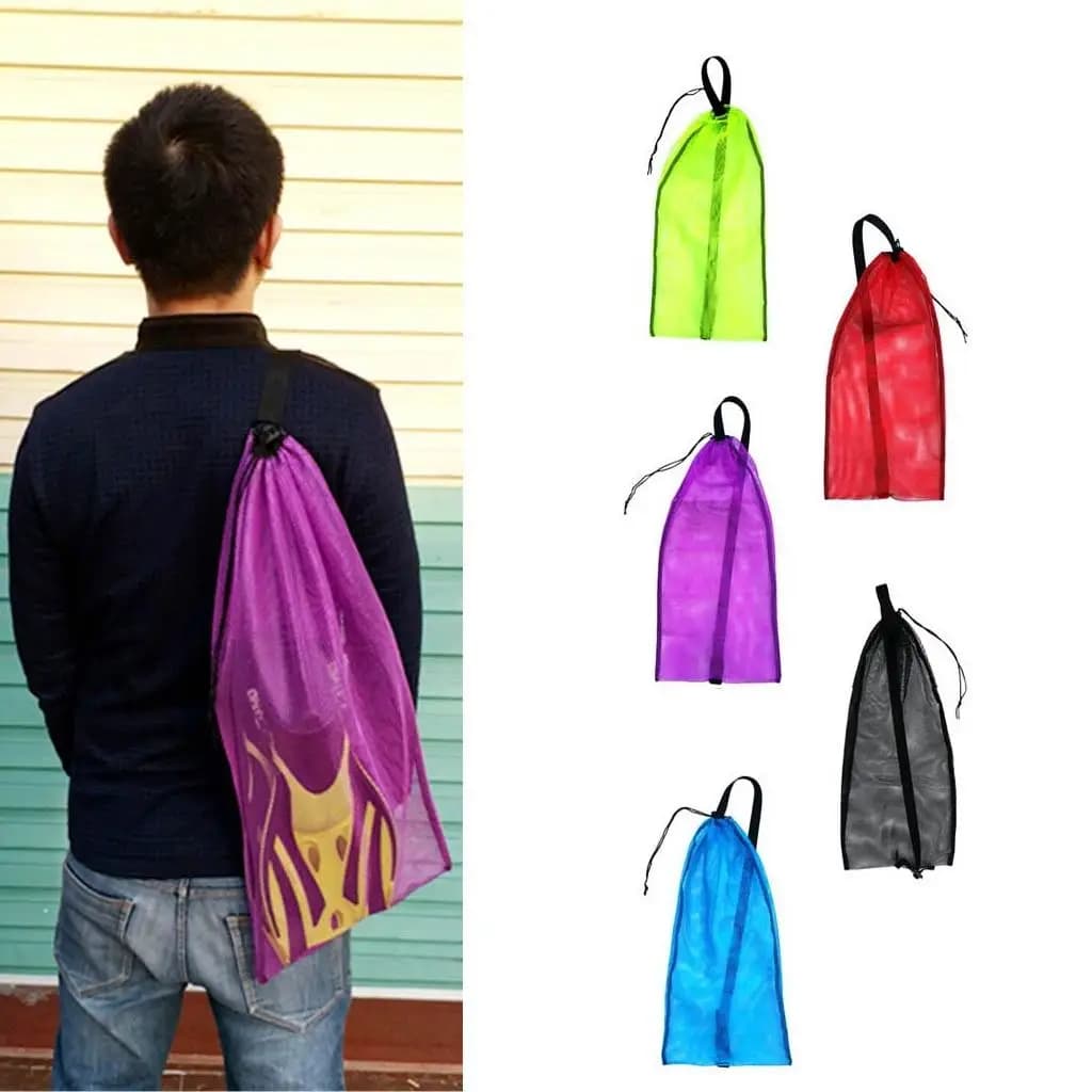 Mesh bag shoulder strap with snorkeling equipment for scuba diving