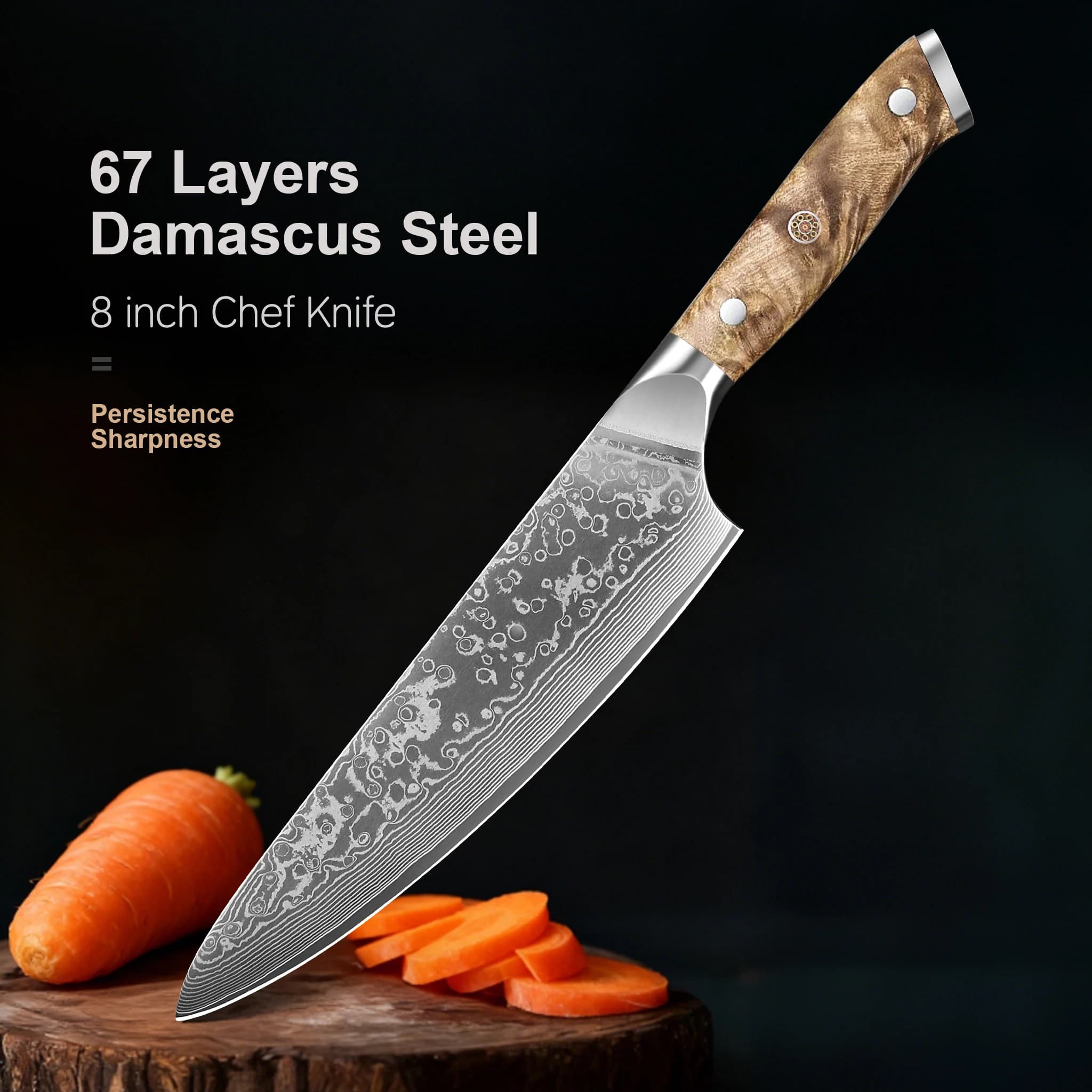 8 Inch Chef Knife Professional Kitchen Knife Handmade in Damascus Steel Manic in natural root wood Meat and vegetable slicer Gift pack