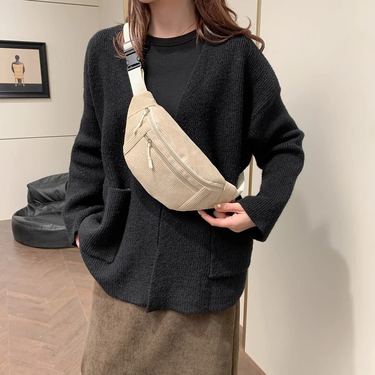 Marsupio Morbido in Corduroy da Donna, Borsa a Tracolla Multitasche, Marsupio da Viaggio Sportivo, Idea Regalo per Studenti