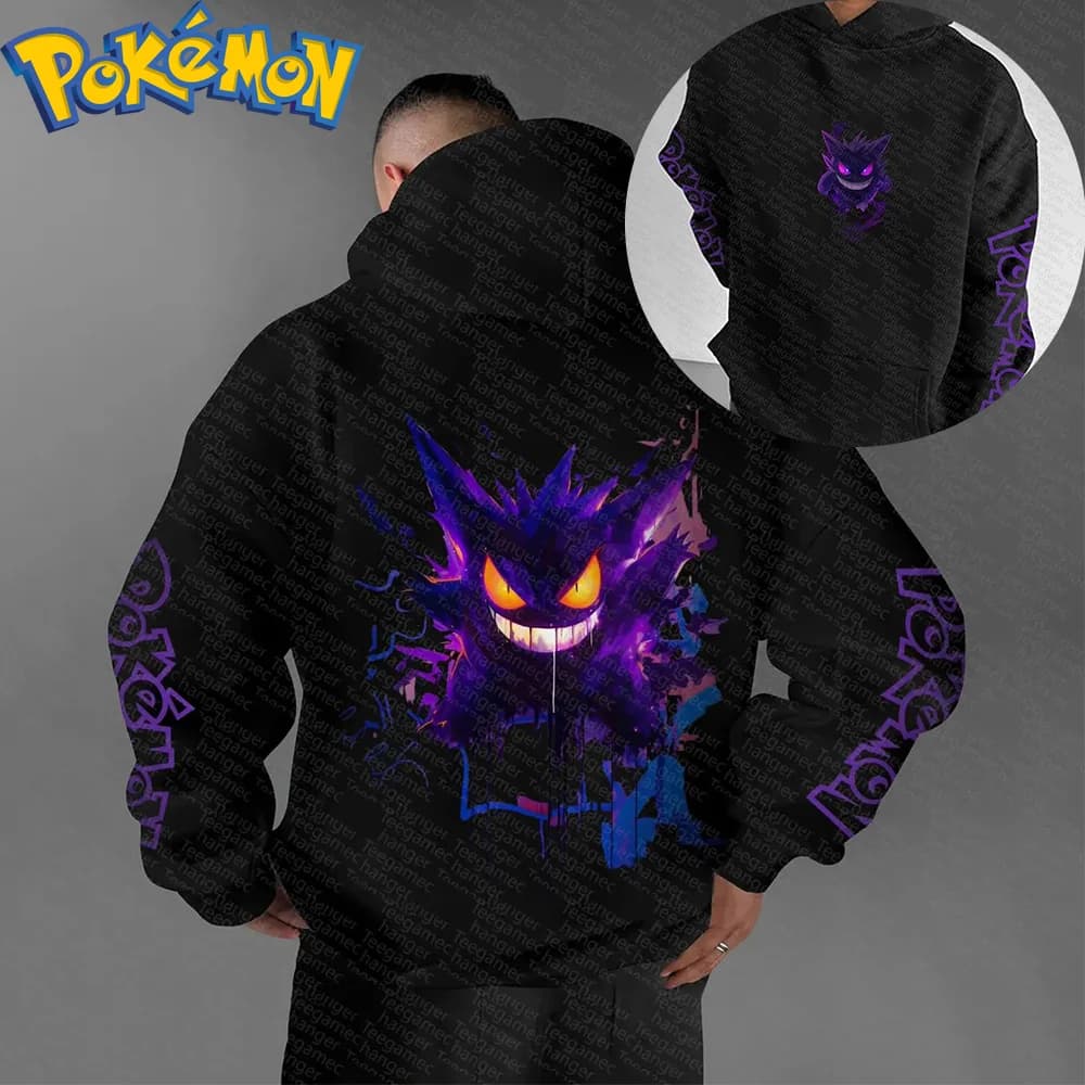 Pokemon Anime Gengar Felpa con cappuccio in cotone Pantaloni Harajuku Set Modello fantasma viola nero con occhi luminosi Design con denti affilati Due pezzi