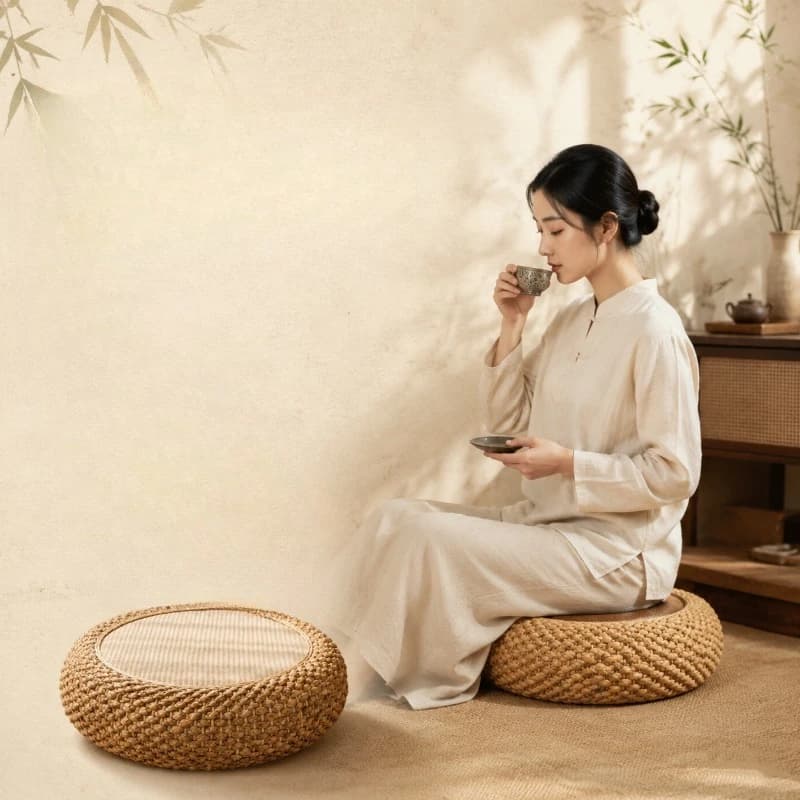 Japanese‑Style Rattan Woven Floor Cushion, Thick Round Tatami Pouf for Home Meditation Worship Zen Sitting Floor Pad