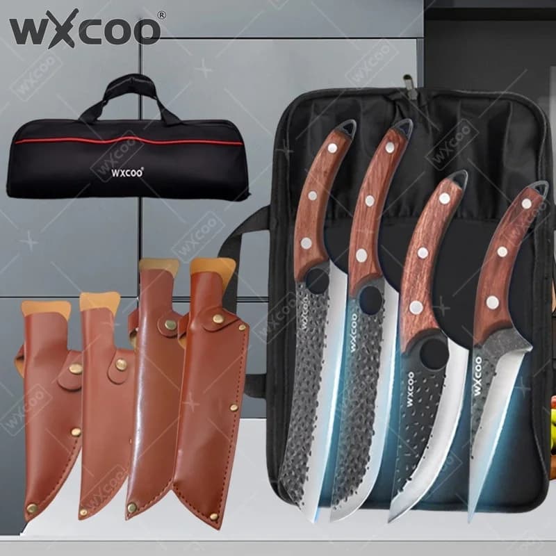 WXCOO Set di 5 Coltelli da Cucina per Uso Domestico, Taglio Verdure, Coltello da Chef Forgiato a Mano, Coltello da Macellaio, Coltello da Disosso, Utensili da Taglio
