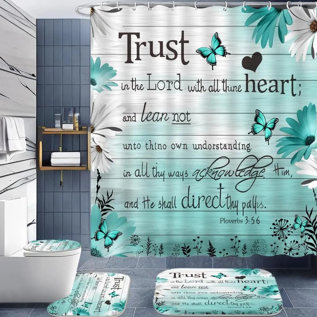 4PC Blue Verse Bathroom Set - Inspirational Quotes Shower Curtain with 12 Hooks, Butterfly Daisy Decor, Non-Slip Mats, 71x71 in