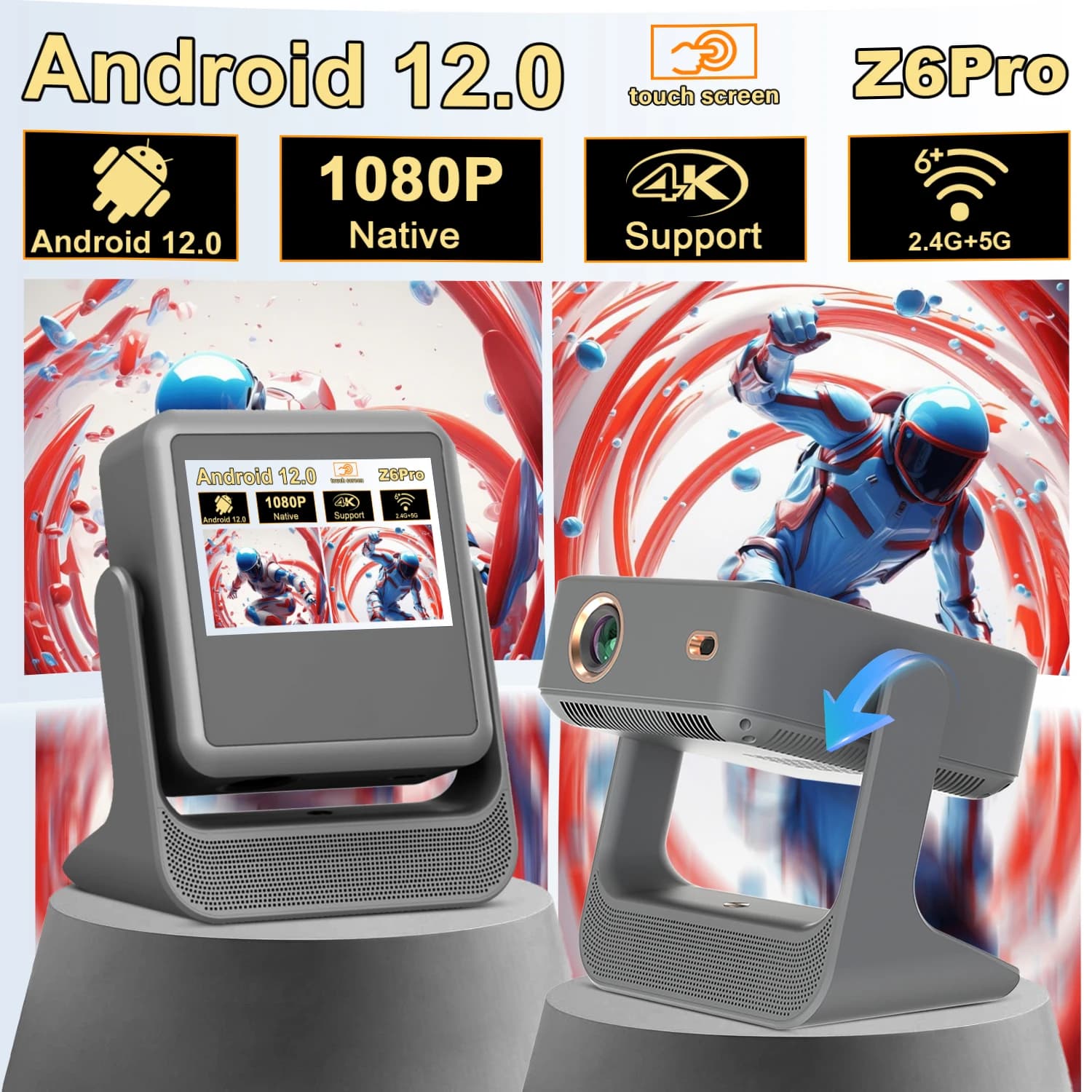 Proiettore doppio Ultra HD - 4K+1080P, touch screen, portatile, gaming/karaoke, HDMI/USB, BT/WiFi, perfetto per film e giochi