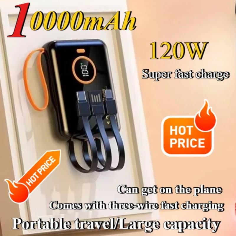 10000mAh120W Mini Super Fast Charging Large Capacity Digital Display with Cable Power Bank Suitable for IPhone Xiaomi Huawei