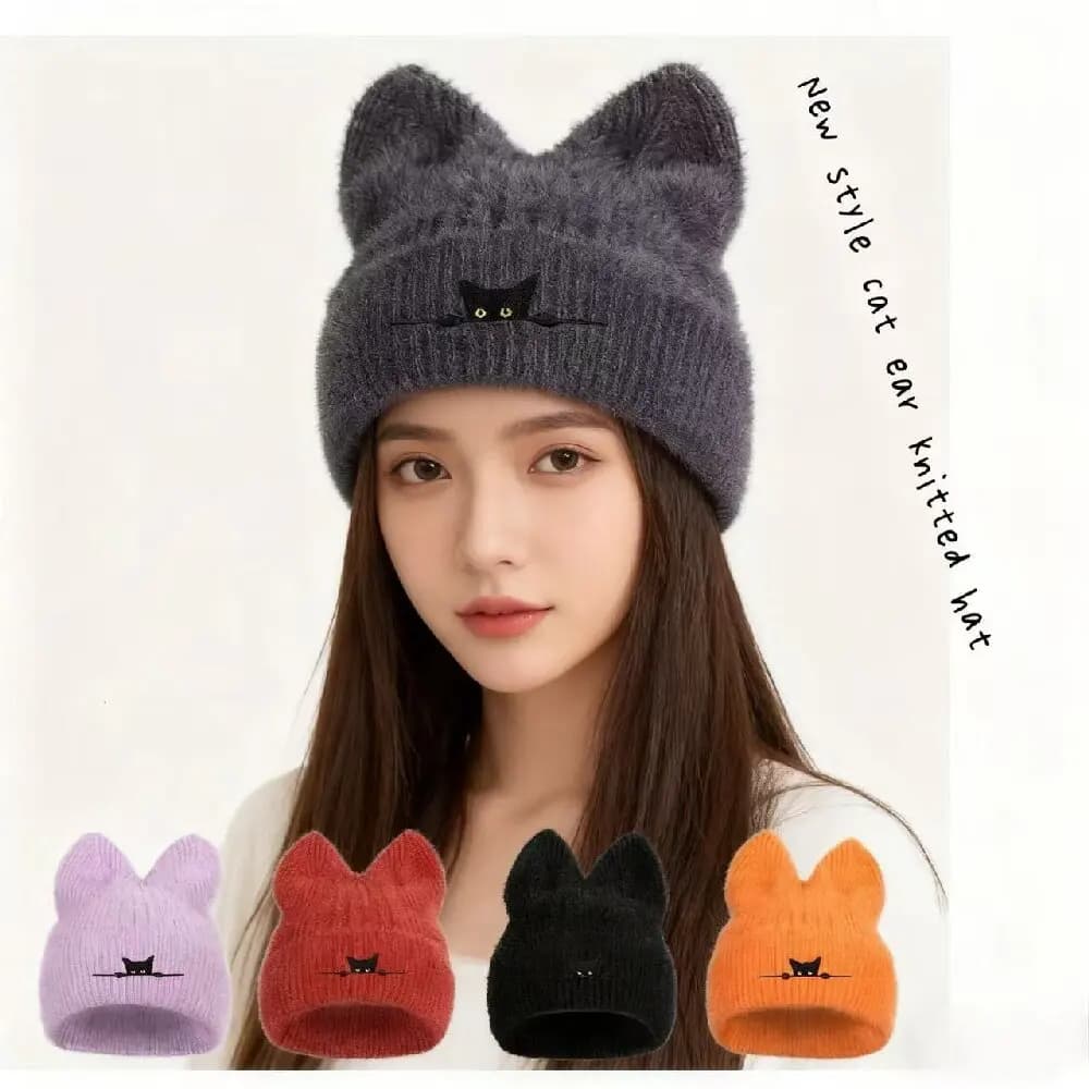 Berretti con orecchie di gatto pelosi lavorati a maglia morbidi Skullies Donna Inverno caldo peluche Cartoon Berretto termico Ragazza coreana Cappelli pullover da neve all'aperto
