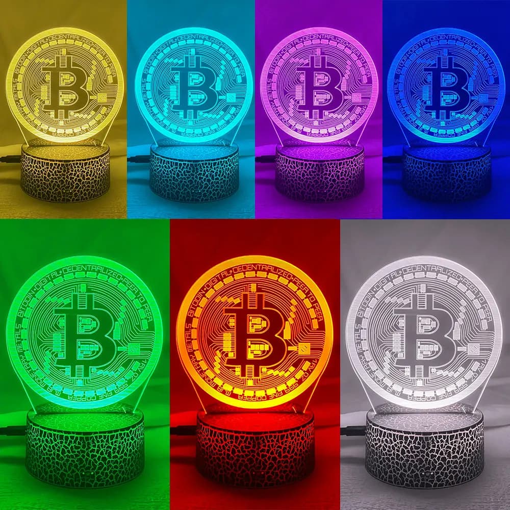 Luce notturna a led in acrilico Bitcoin per camera Luce notturna decorativa Sensore tattile 7 colori che cambiano Lampada da notte da tavolo alimentata a batteria 3d
