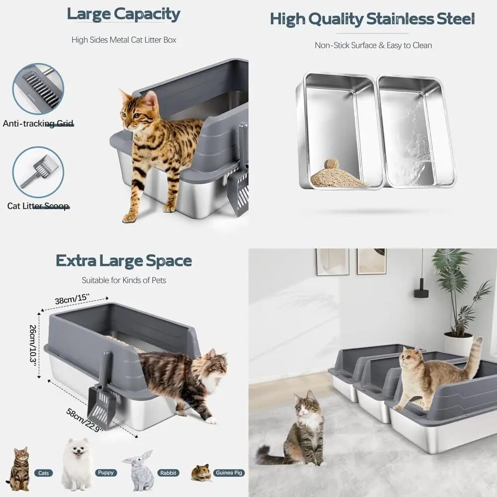 Lettiera per Gatti in Metallo Extra Large con Bordi Alti e Paletta, XL 22.9x15x10.3, Grigia, Anti-Schizzi, Controllo Odori, Facile da Pulire