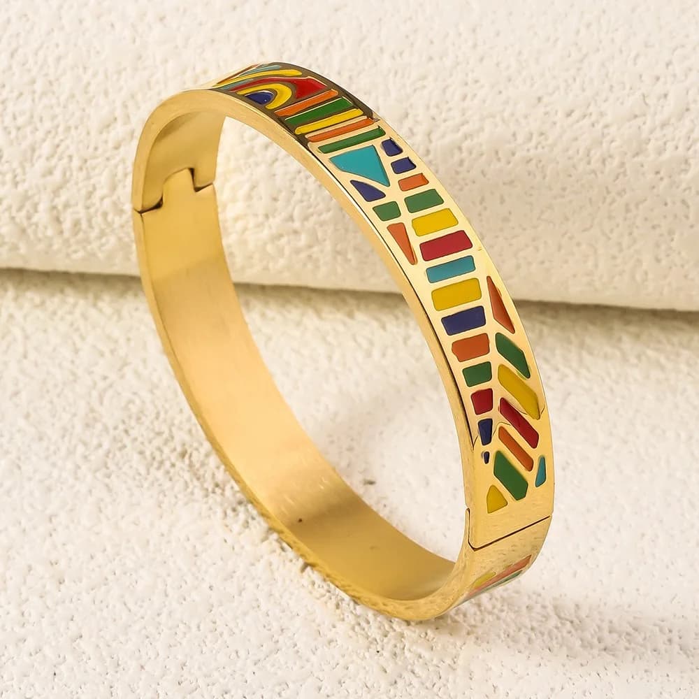 Chic Chinese Enamel Bracelet Stainless Steel Gold Color Ethnic Flower Bangle Traditional Waterproof Women's Hand Bracelet