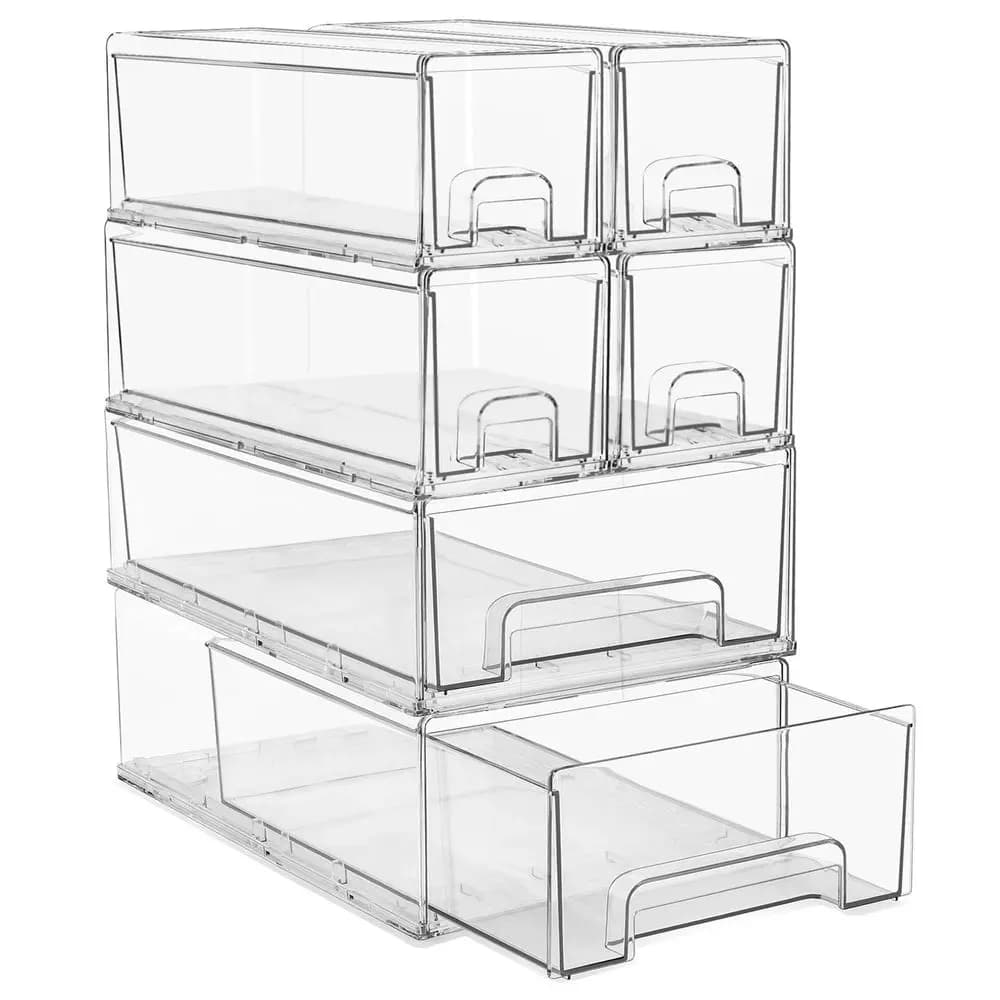 2 Cassetti di Stoccaggio Medi e 4 Piccoli Trasparenti Impilabili, Contenitori Organizzatori in Plastica con Maniglie, Cassetti Estraibili Impilabili per