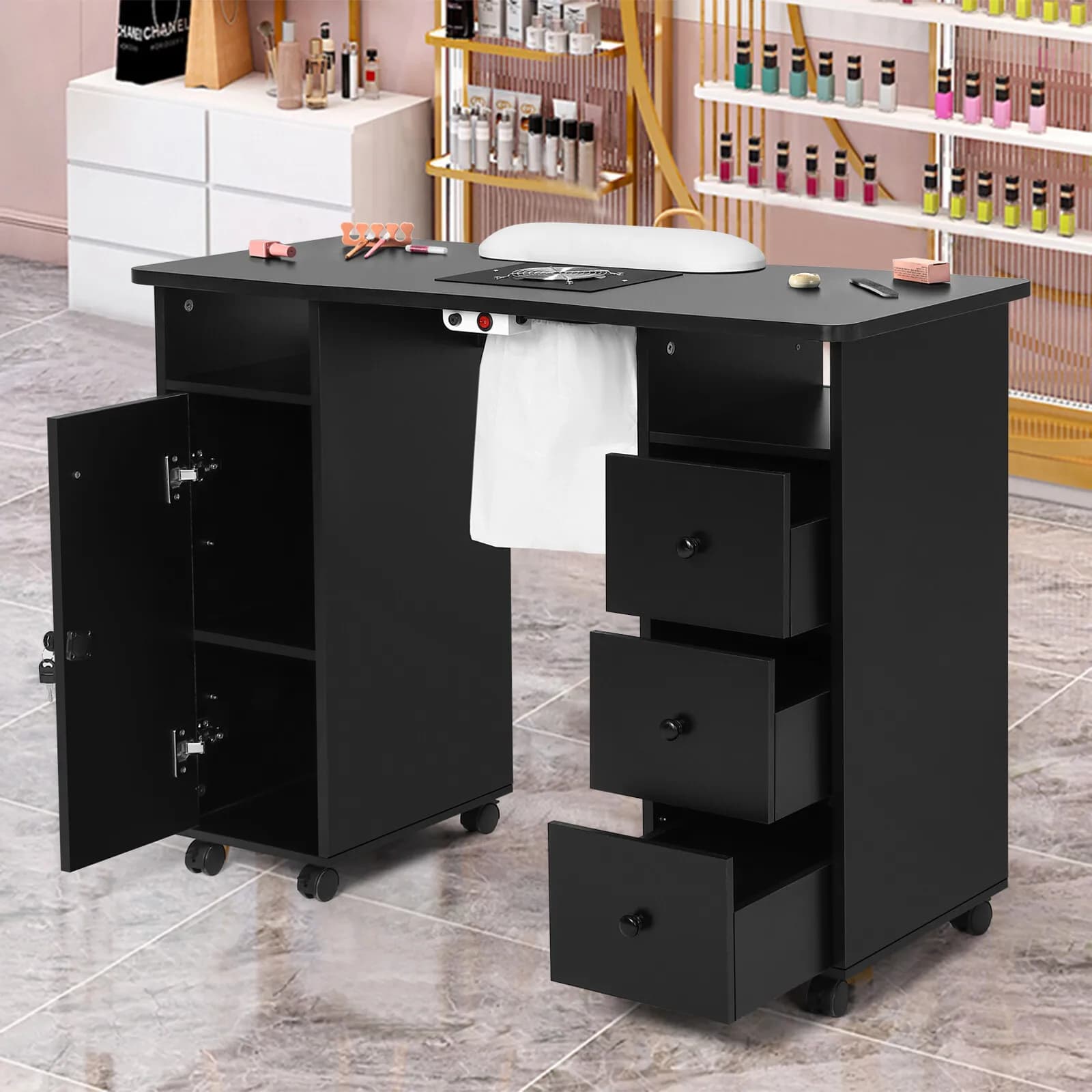 Salone per manicure artigianale con aspirapolvere, cassetti, ruote e cuscinetti per le mani