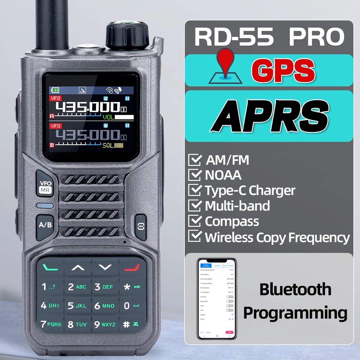 Baofeng RD-55PRO Multi Band Walkie Talkie A Lungo Raggio AM Bluetooth Programmazione GPS APRS Tipo-C Bussola NOAA Radio Bidirezionale UV-5RH