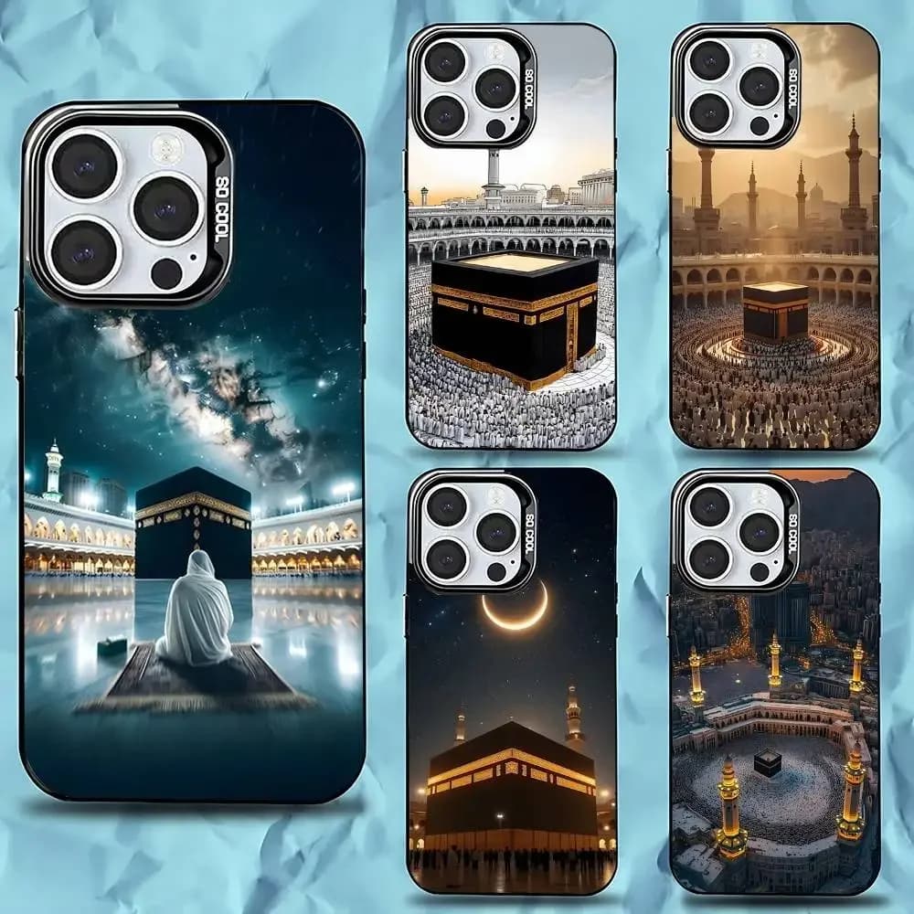 Custodia per telefono Moslem e Kaaba per iPhone 16, 15, 14, 13, 12, 11, Pro, Max, Plus, Mini, XS, SE, anti-caduta, nera opaca, con bumper rigido
