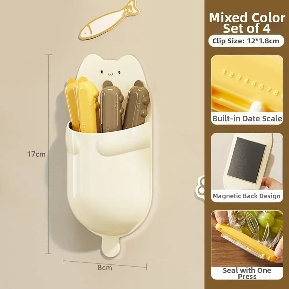 4PCS Set Cute Cartoon Cat Sealing Clips Magnetic Moisture-Proof Food Clamp Fresh-Keeping Reusable Storage Box Set Food Storage