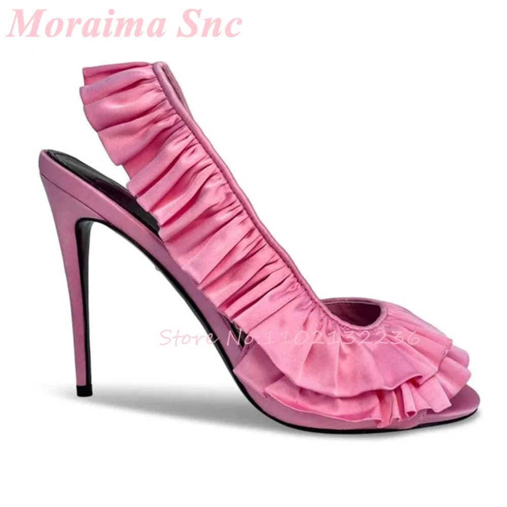 Elegant Layered Ruffle Fringe Trim Sandals Blush Pink Satin Open Toe Stiletto High Heel Slingback Sweet Designer Dress Shoes