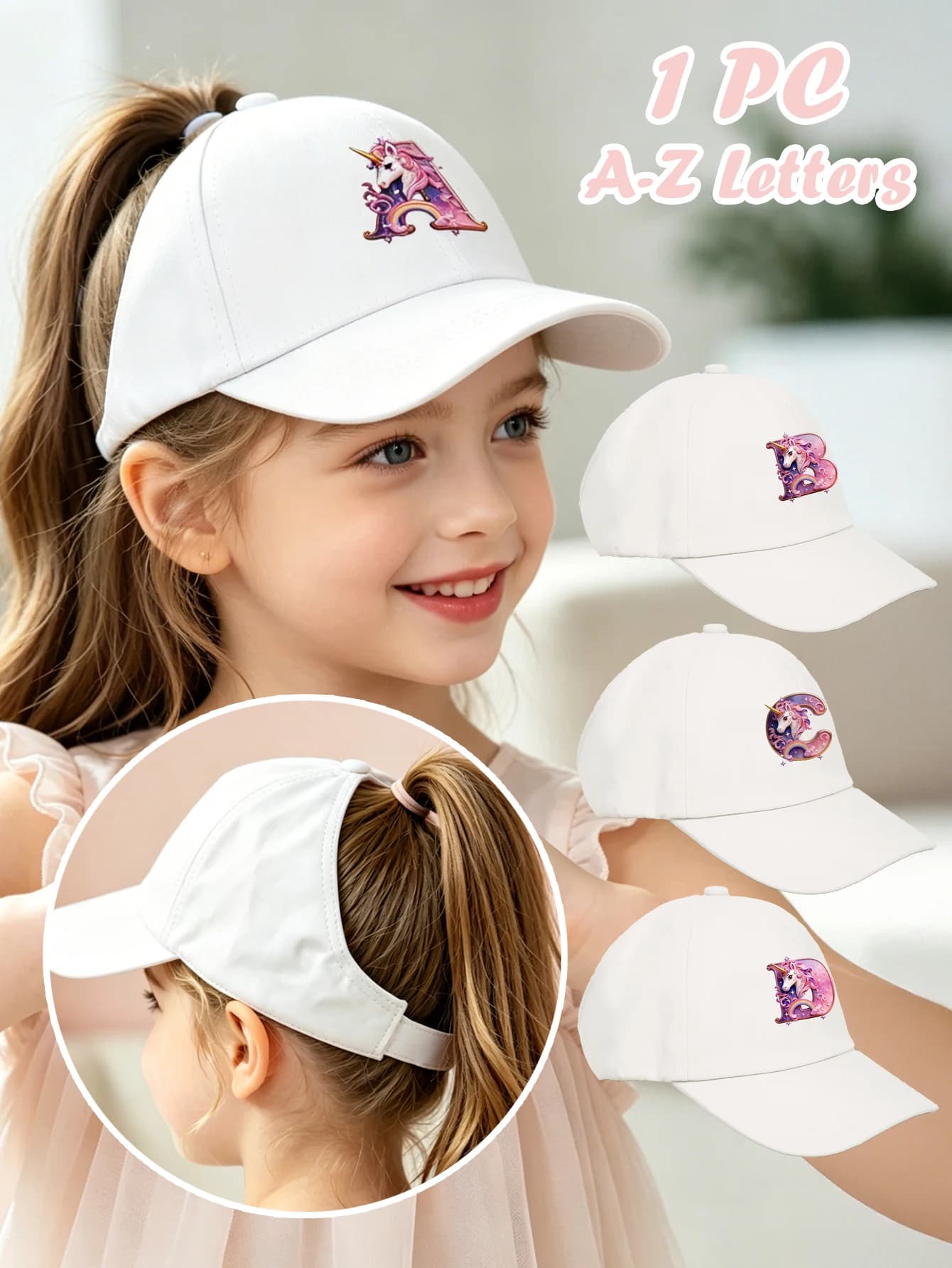 1pc white baby hat Adjustable Youngsters' Baseball Cap with A-Z letter Rainbow Unicorn - Breathable Sun Hat for Boys and Girls