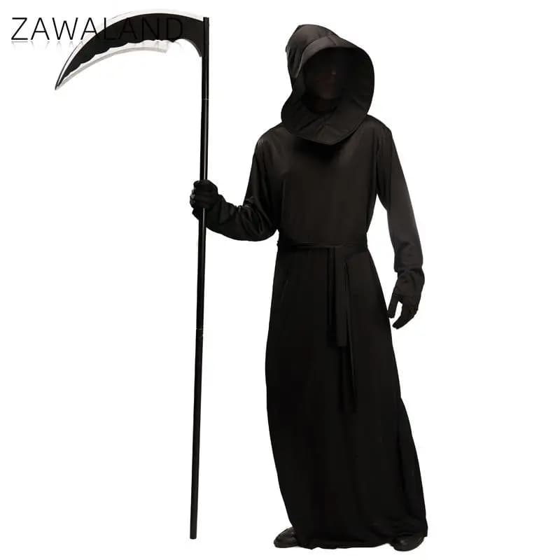 Zawaland Grim Reaper Cosplay Costume Unisex Carnival Black Devil Clothes Purim Party Oufit Halloween Robe with Hood Belt Gloves