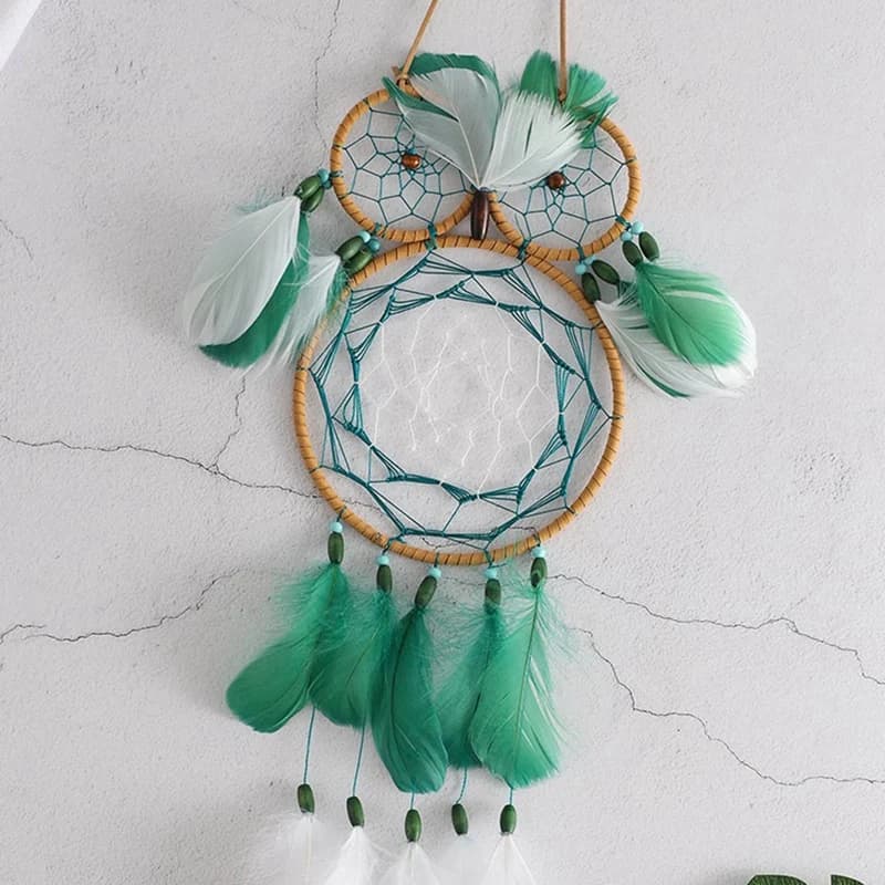 A21Q -Boho Owl Dream Catcher Handmade Traditional Feather Dreamcatcher Hanging Wall Decorations For Home Bedroom Dark Green