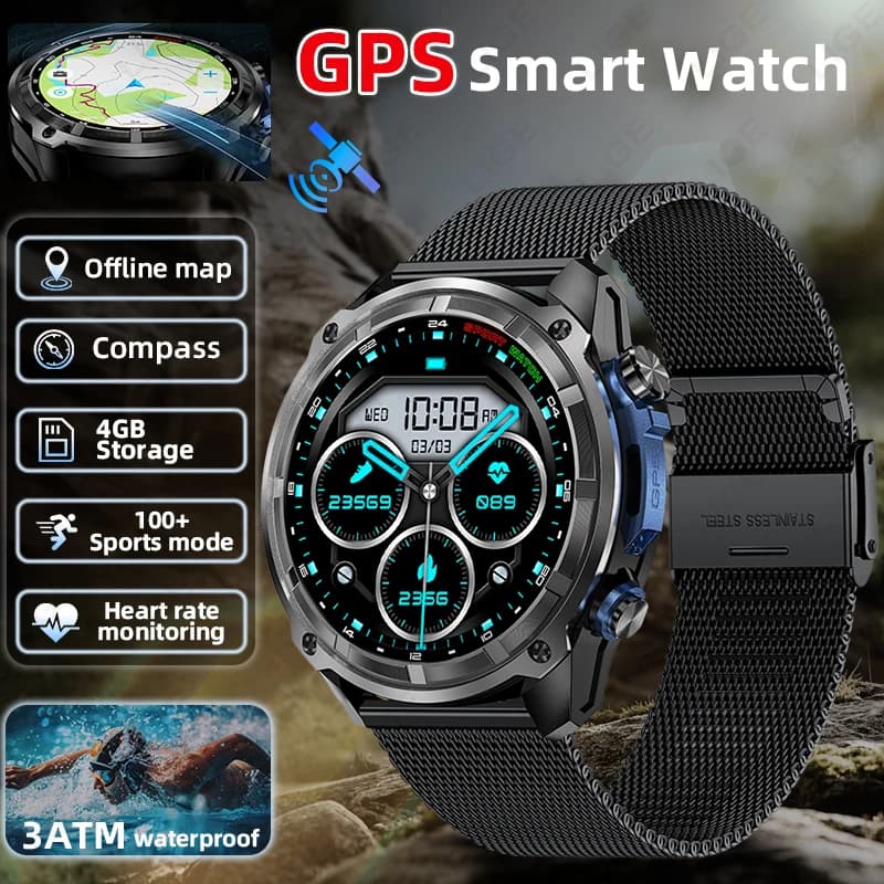 Smartwatch Militare 2026 per Nuoto e Sport, Tracker con Batteria da 860mAh, Mappa Offline, Memoria Grande da 4GB, Navigazione GPS, Lettore MP3/MP4