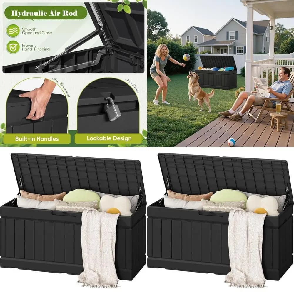 80 Gallon Exterior in Waterproof Resin, Box for Drawing with Wood Effect, Large Patio Bearing Container (Black)
