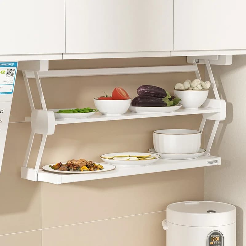 Stainless Steel Wall Cabinet Rack Foldable Pull-down Kitchen Storage Rack Double-layer Organizer Hanging Shelves Storage Food
