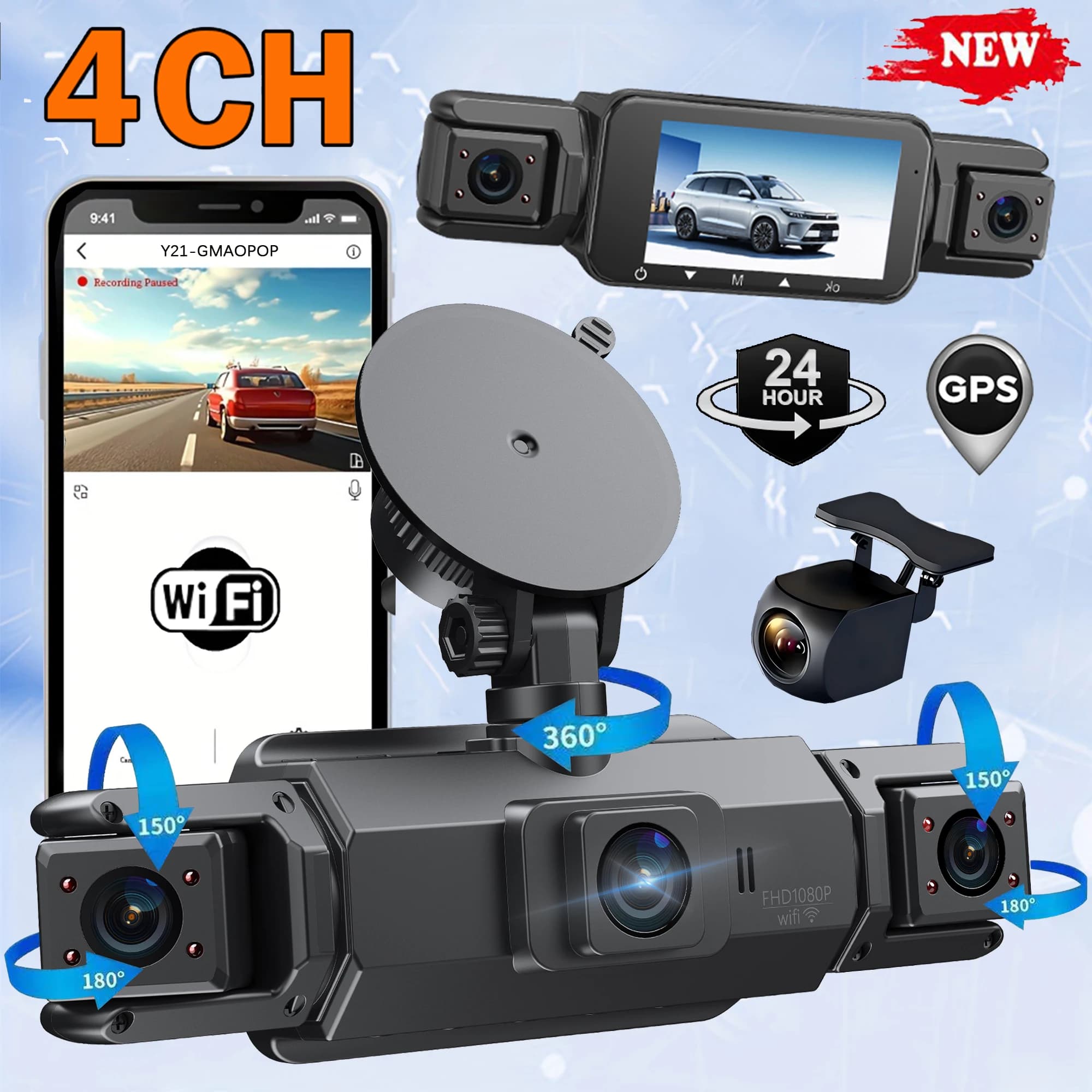 Dash Cam per auto Telecamera di guida a 4 canali con WiFi GPS 1080P Visione notturna anteriore sinistra destra Registrazione in loop Monitor di parcheggio 24 ore
