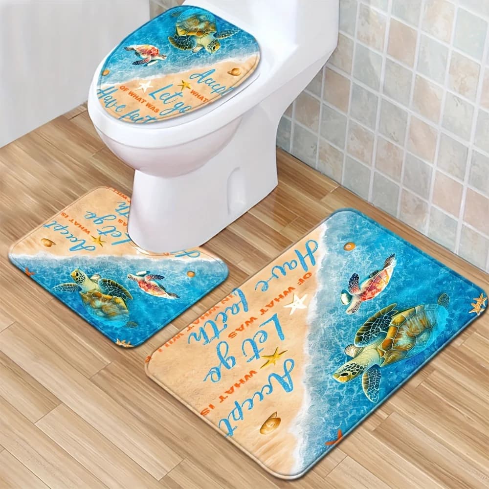 Set 3 Pezzi Tappetini da Bagno a Tema Tartaruga, Copri WC, Tappeto WC, Tappetino Assorbente per Porta, Set Tre Pezzi Antiscivolo