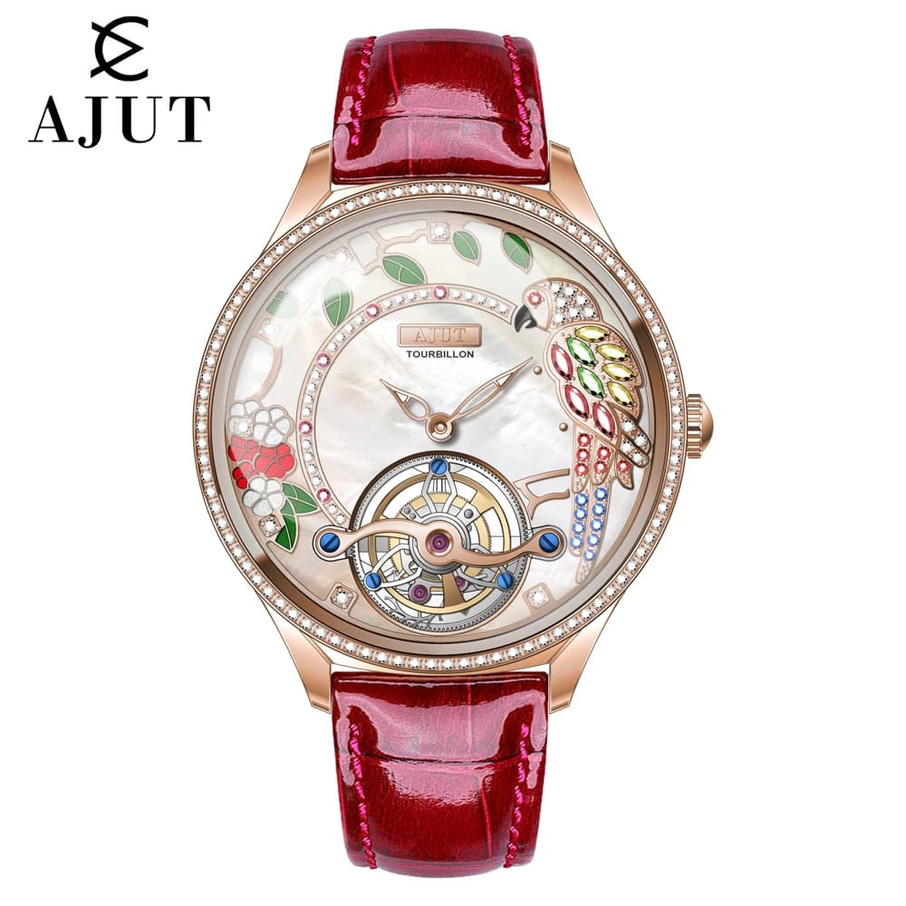 AJUT Tourbillon manuale orologi da donna Zaffiro Madreperla con quadrante pappagallo in rilievo marchio di lusso da donna 0340