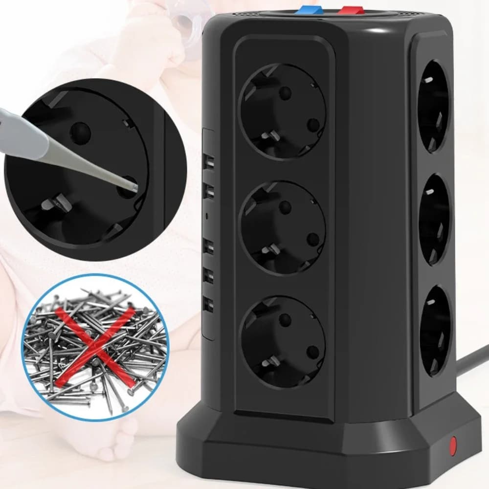 Tower Multi Power Strip verticale EU Plug prese a 12 vie con protezione contro le sovratensioni USB protezione del circuito cavo di prolunga da 2m