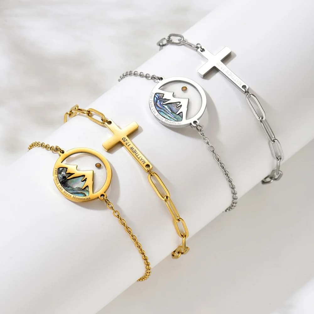 Set di 2 Braccialetti in Acciaio Inossidabile con Croce e Montagne, Gioielli Ispirazionali per Donne
