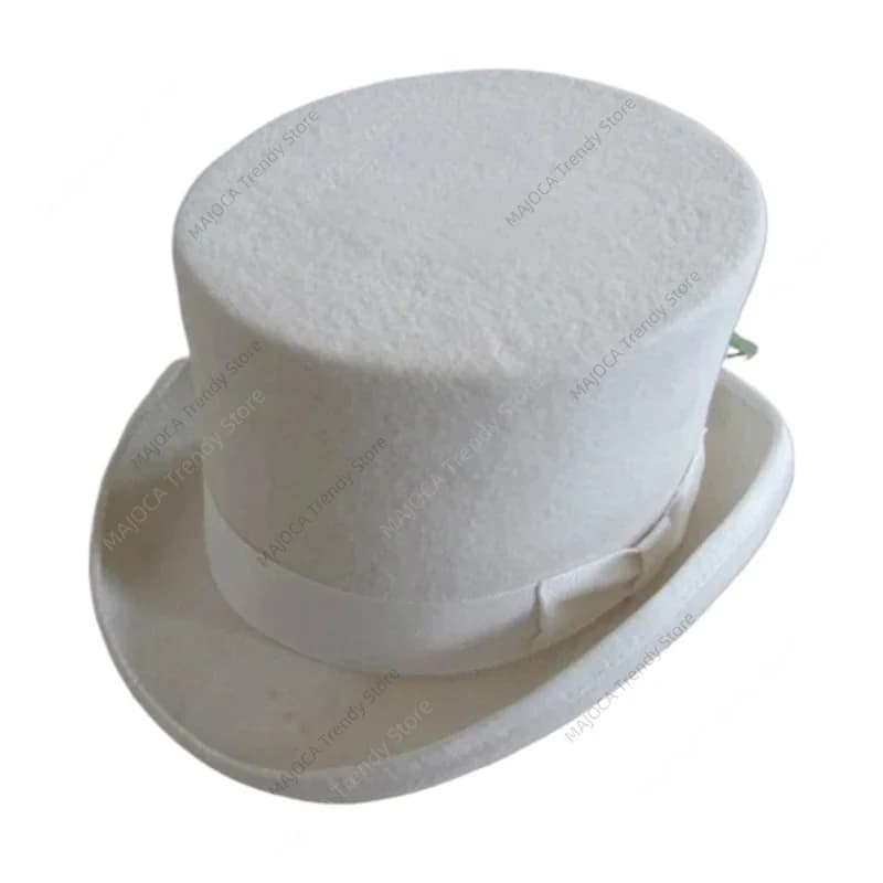 Cappello a Cilindro Bianco in Feltro di Lana 100% da 13,5 cm, Chapeau Haut De Forme da Donna, Cappello da Cappellaio, Cappello Bowler, Cartola