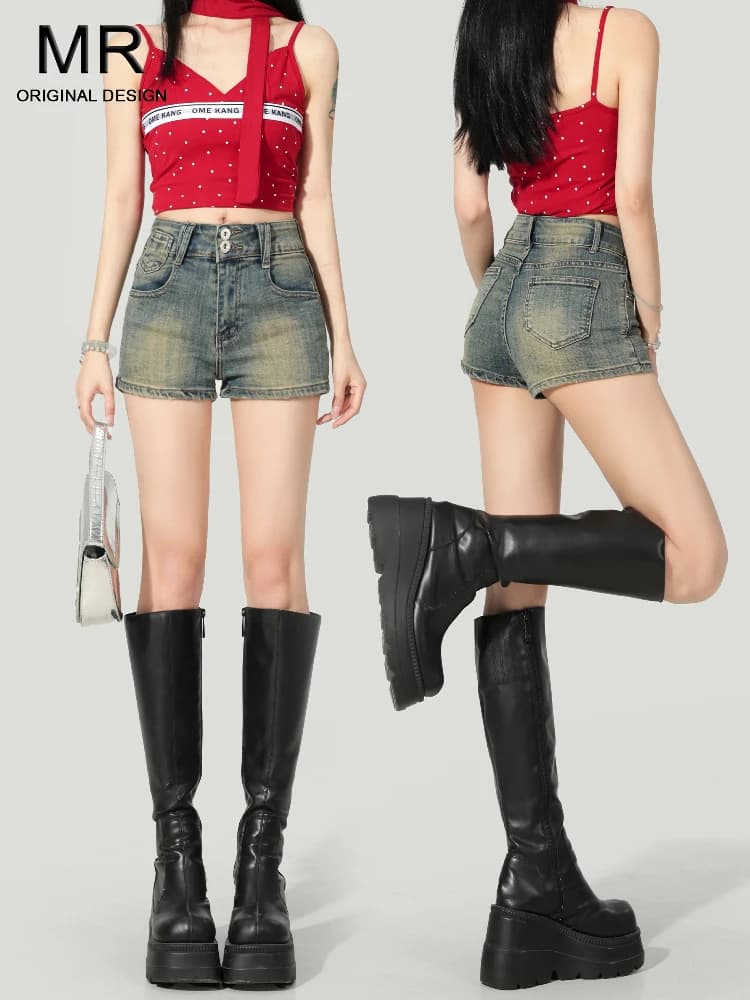 High Waist Light Wash Denim Shorts Women's Summer New Style Small Size Thin A-Line Hot Pants Wear-resistant Standard Fit